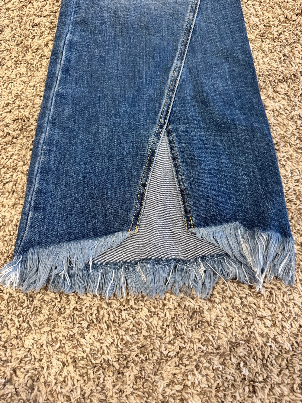 KanCan Two-Tone Blue Distressed Flare Jeans with Frayed Split Hem - Picture 2 of 7
